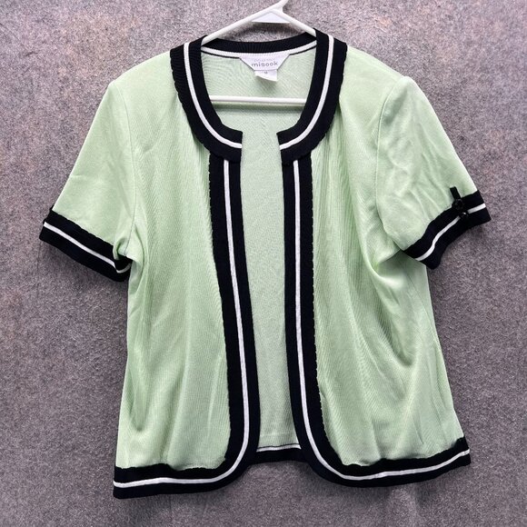 Misook Exclusively Cardigan Women Medium Mint Green Open Front Black White Trim - Picture 1 of 10